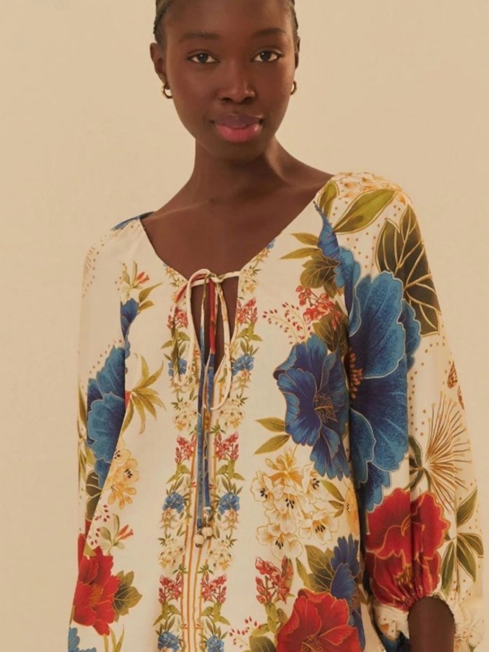 FARM Rio Cream Floral Tie-Neck Blouse with Red & Blue Blooms